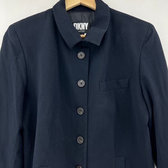 DKNY US 10 Petite Womens Navy Blue Wool Blend Fitted Blazer Jacket 5 Button - Picture 3 of 10